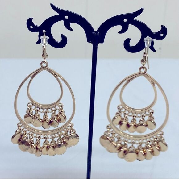 Vintage Boho Drop Dangle Gold Tone Earrings 3” Gorgeous - Picture 3 of 5